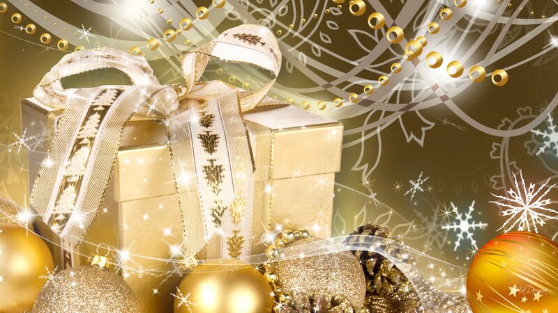 Golden Gift Box — Gold, Festive, Winter, Digital Art