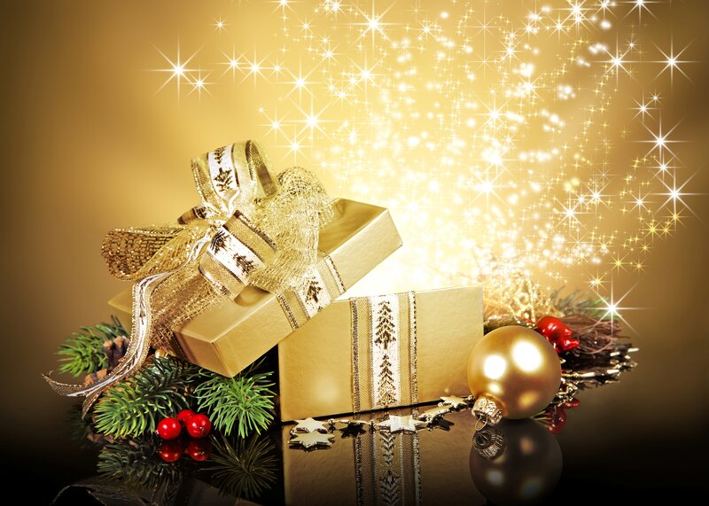 Golden Gift Box — Gold, Festive, Winter, Photograph, Pine Branches
