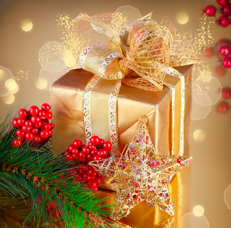 Golden Gift Box — Gold, Festive, Winter, Photograph, Red Berries