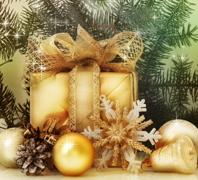 Golden Gift Box — Gold, Festive, Winter, Photograph, Snowflake Ornament, Pine Branches