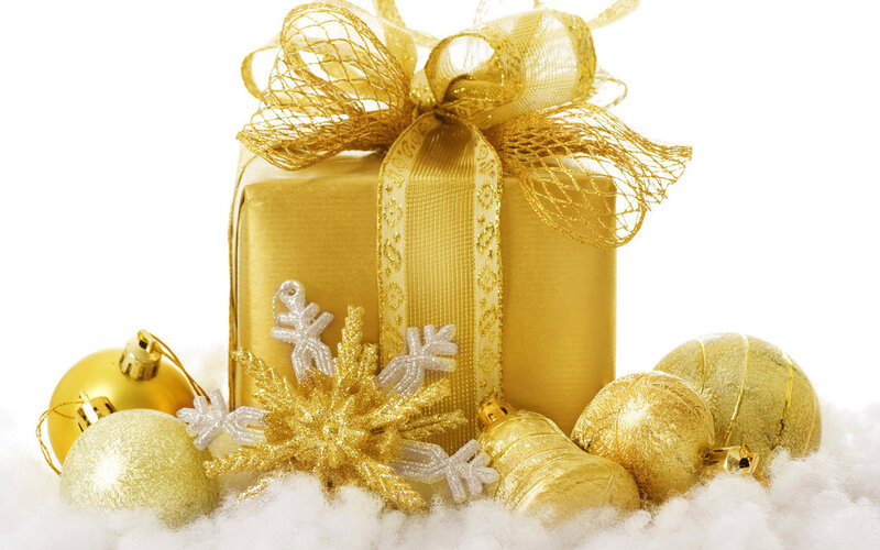 Golden Gift Box — Gold, Festive, Winter, Photograph, Snowflakes