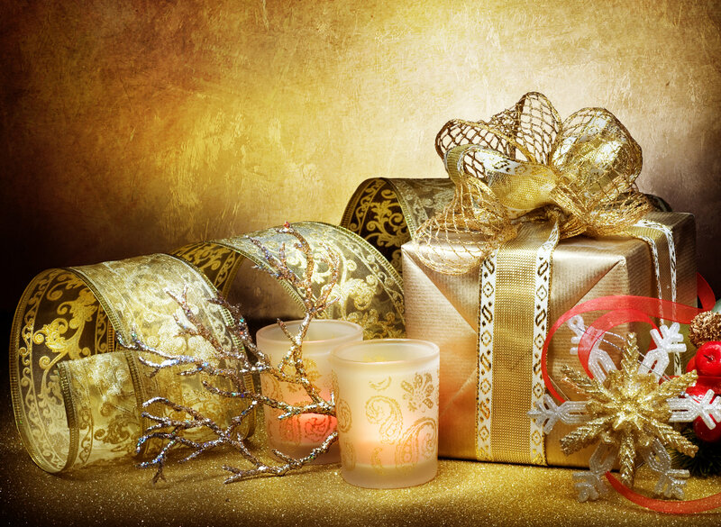 Golden Gift Box with Candles — Gold, Festive