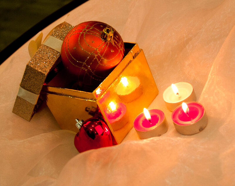 Golden Gift Box with Ornaments — Gold, Festive, Night, Photograph