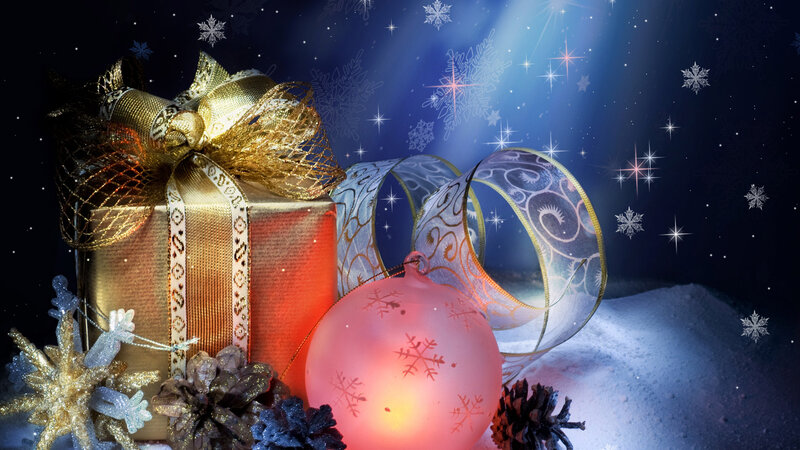 Golden Gift Box with Ornaments — Gold, Festive, Night