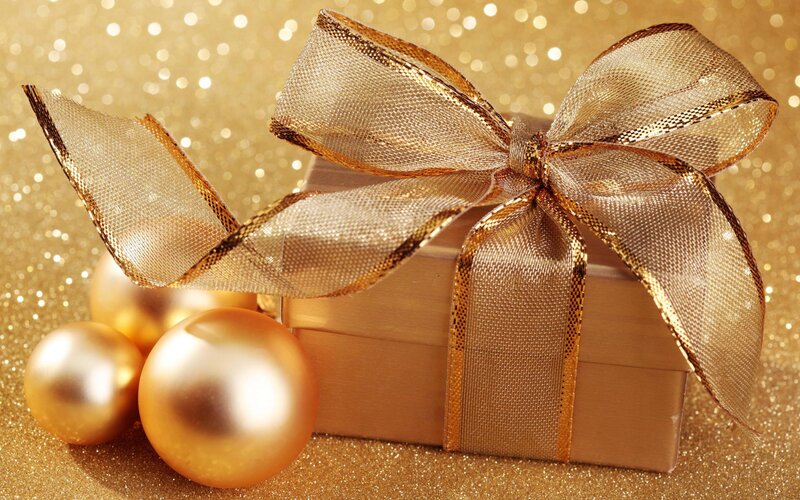Golden Gift Box with Ornaments — Gold, Festive, Photograph, Bow
