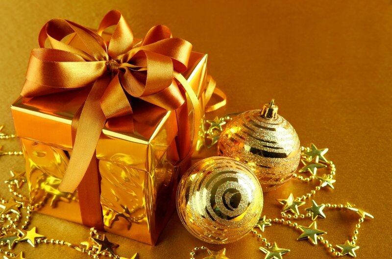 Golden Gift Box with Ornaments — Gold, Festive, Photograph