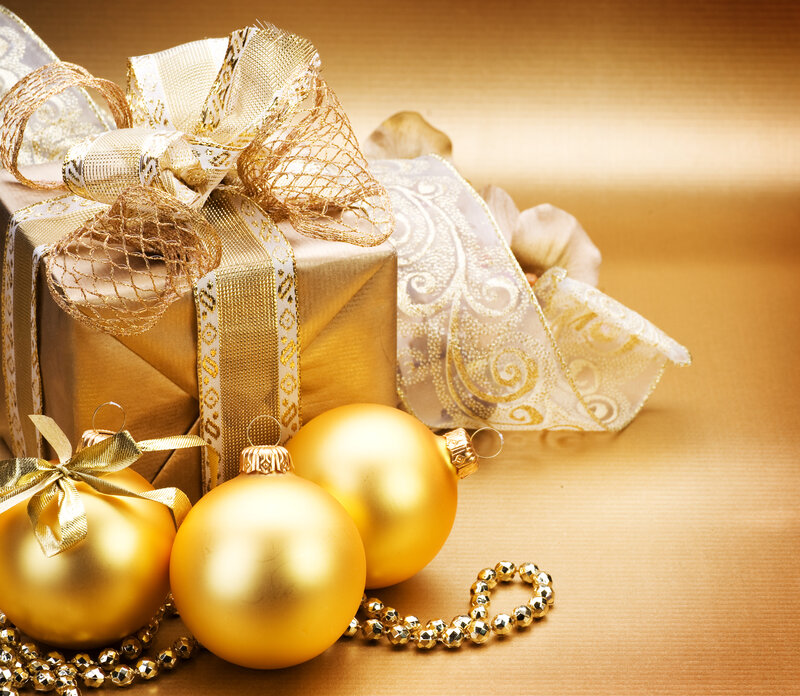Golden Gift Box with Ornaments — Gold, Festive