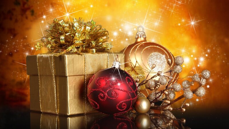 Golden Gift Box with Ornaments — Gold, Festive, Winter, Photograph, Bow