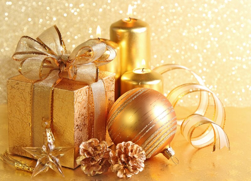 Golden Gift Box with Ornaments — Gold, Festive, Winter, Photograph, Candles, Ornament