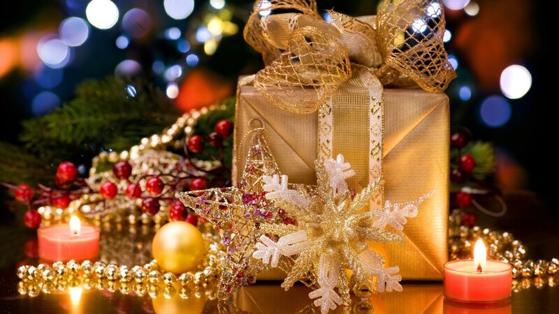 Golden Gift Box with Ornaments — Gold, Festive, Winter, Photograph, Candles, Snowflake, Berries