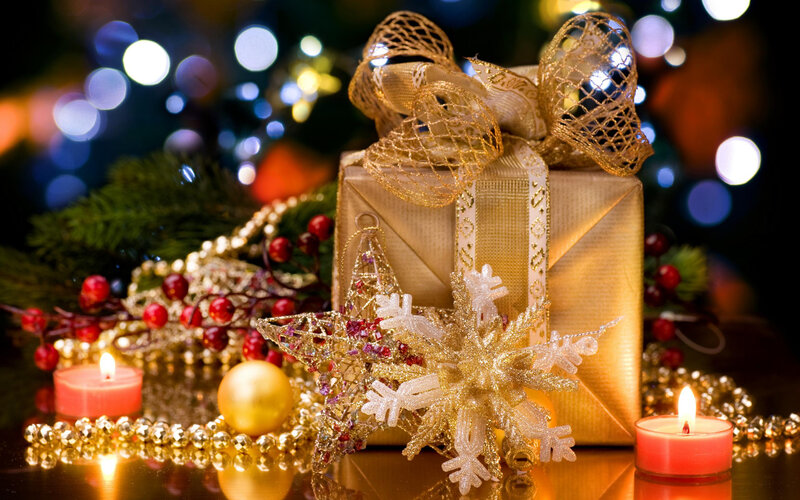 Golden Gift Box with Ornaments — Gold, Festive, Winter, Photograph, Candles, Snowflake Ornament