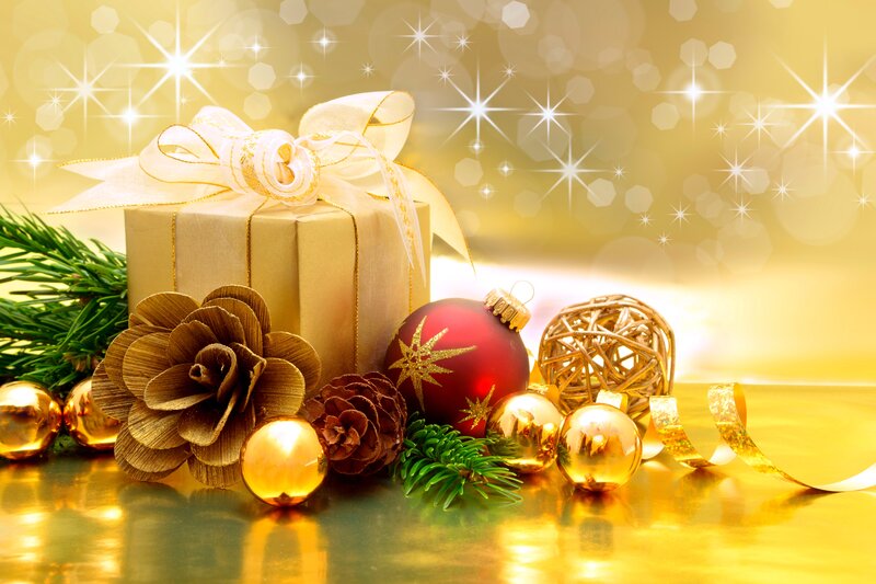 Golden Gift Box with Ornaments — Gold, Festive, Winter, Photograph, Pine Branches, Pinecone