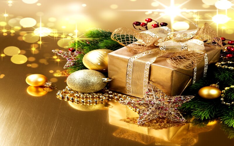 Golden Gift Box with Ornaments — Gold, Festive, Winter, Photograph, Pine Branches