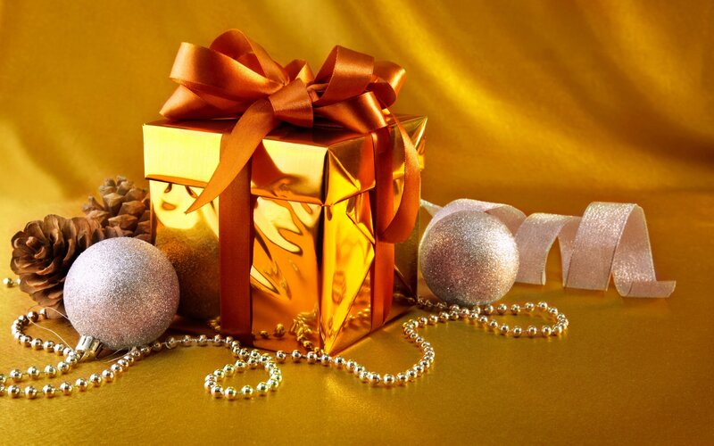 Golden Gift Box with Ornaments — Gold, Festive, Winter, Photograph, Pinecones