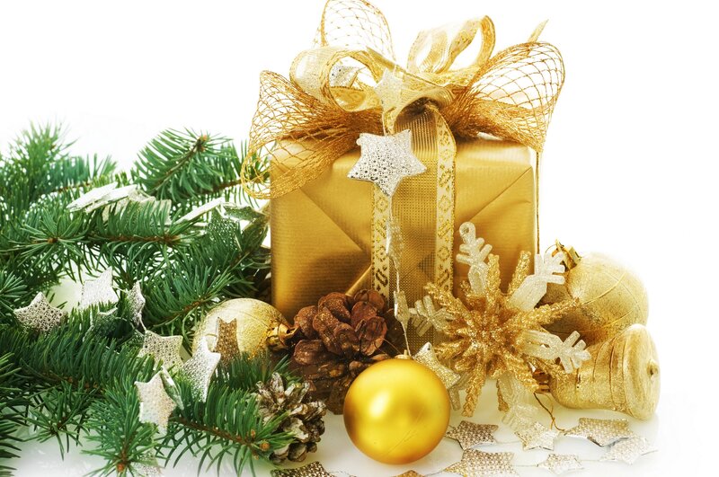 Golden Gift Box with Ornaments — Gold, Festive, Winter, Photograph