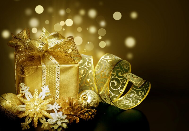 Golden Gift Box with Ornaments — Gold, Festive, Winter