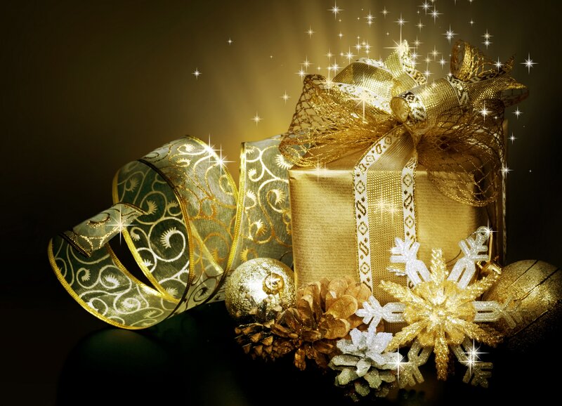 Golden Gift Box with Ornaments — Gold