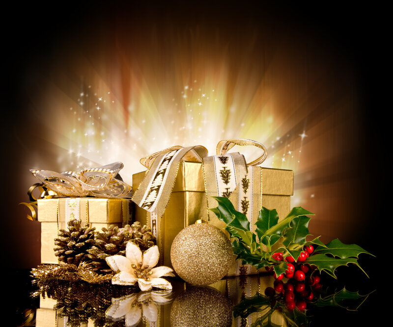 Golden Gift Boxes — Gold, Festive, Winter, Photograph, Pinecones