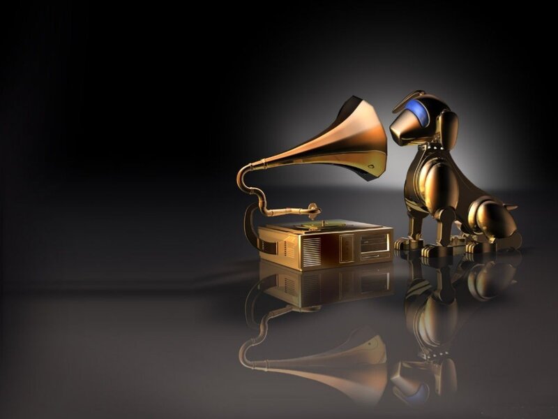 Golden gramophone and robot dog
