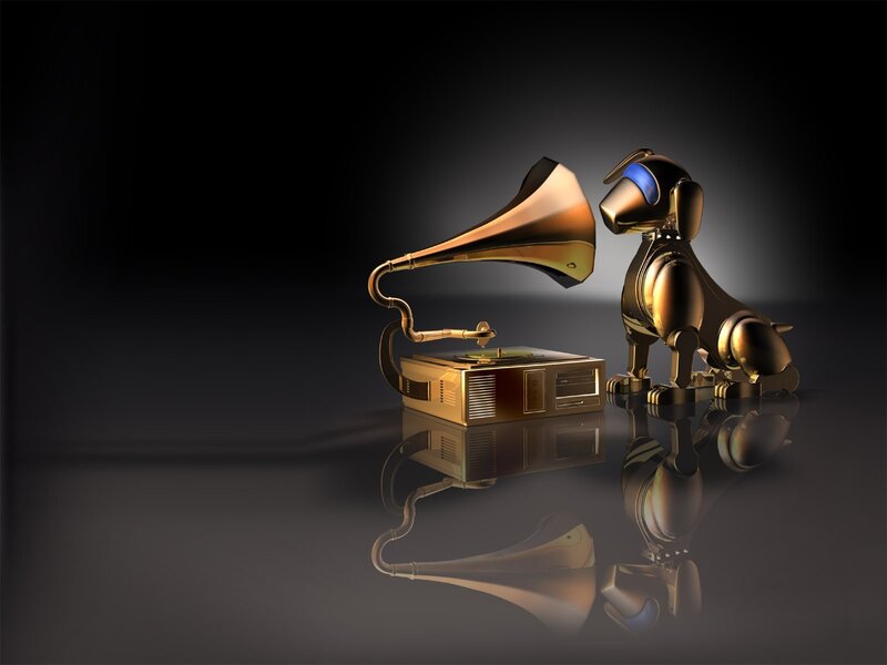 Golden gramophone and robot dog