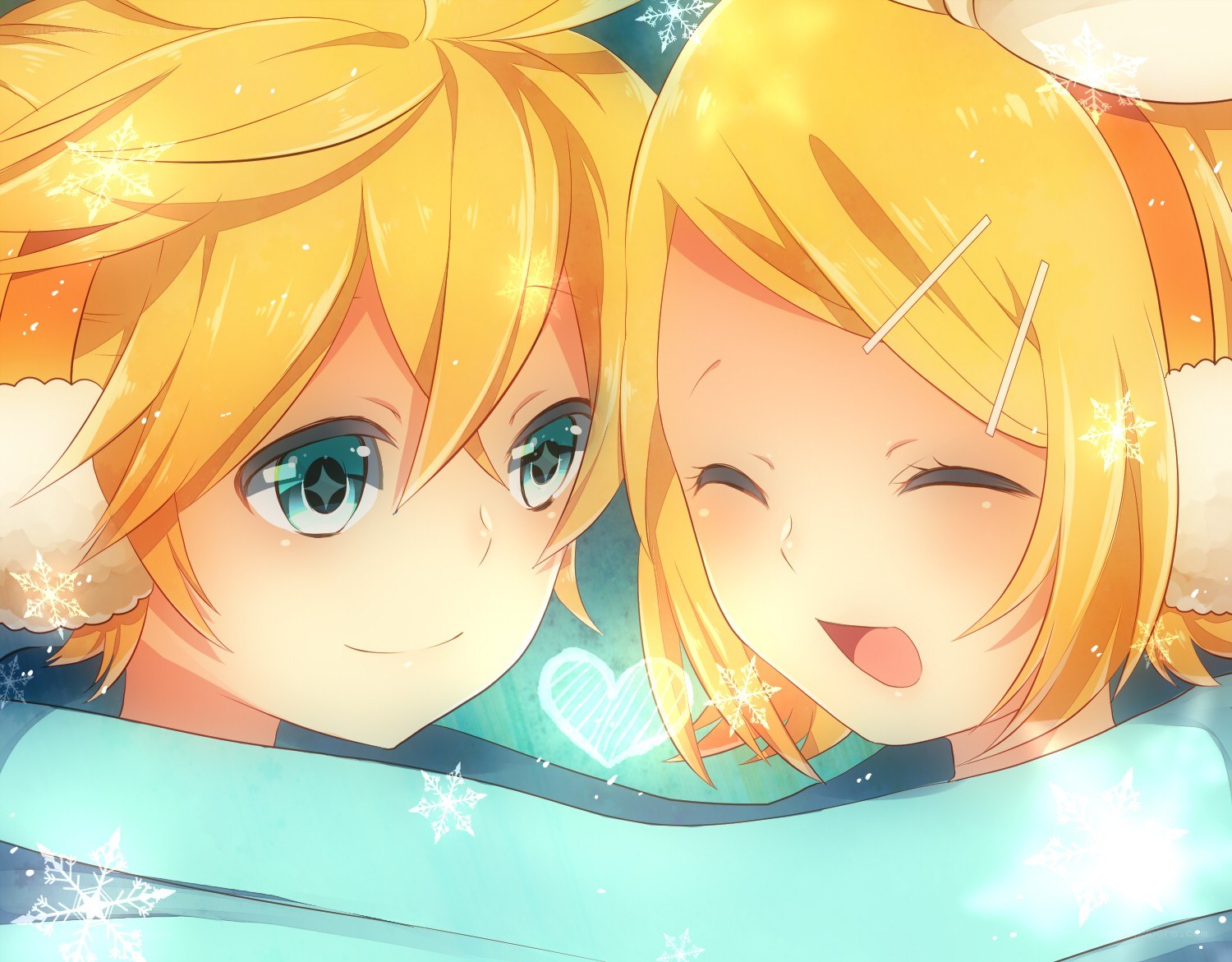 Golden-haired anime twins in winter