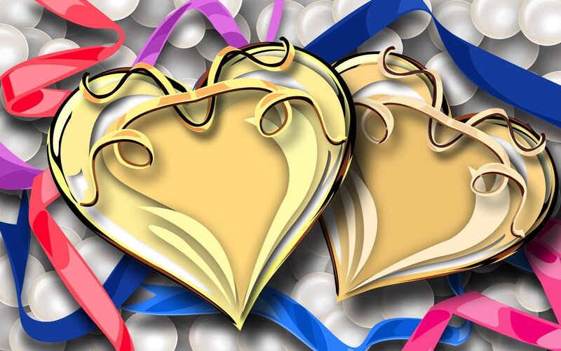 golden hearts with ribbons