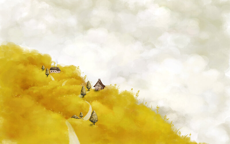 Golden hills with small houses