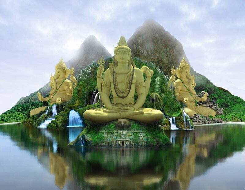 Golden Hindu statues on island