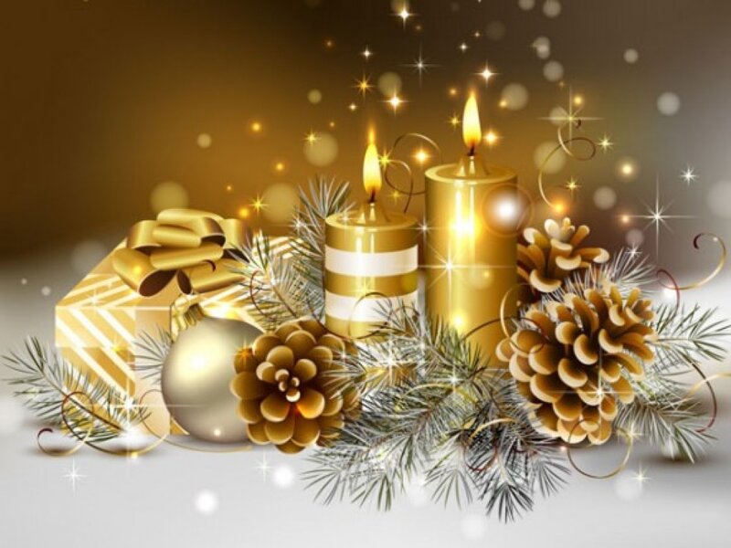 Golden Holiday Arrangement — Gold, Festive, Winter, Digital Art