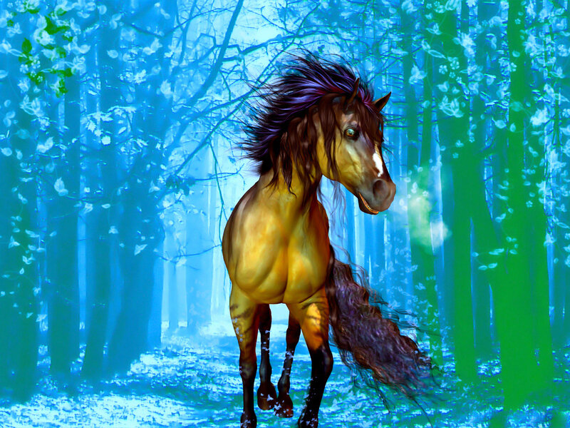 Golden Horse in Forest — Blue