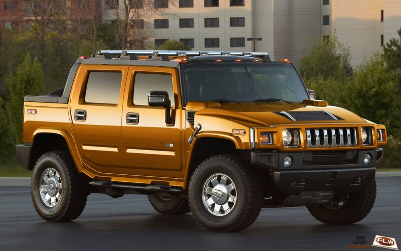 Golden Hummer H2 Pickup — Gold, Dramatic, Afternoon