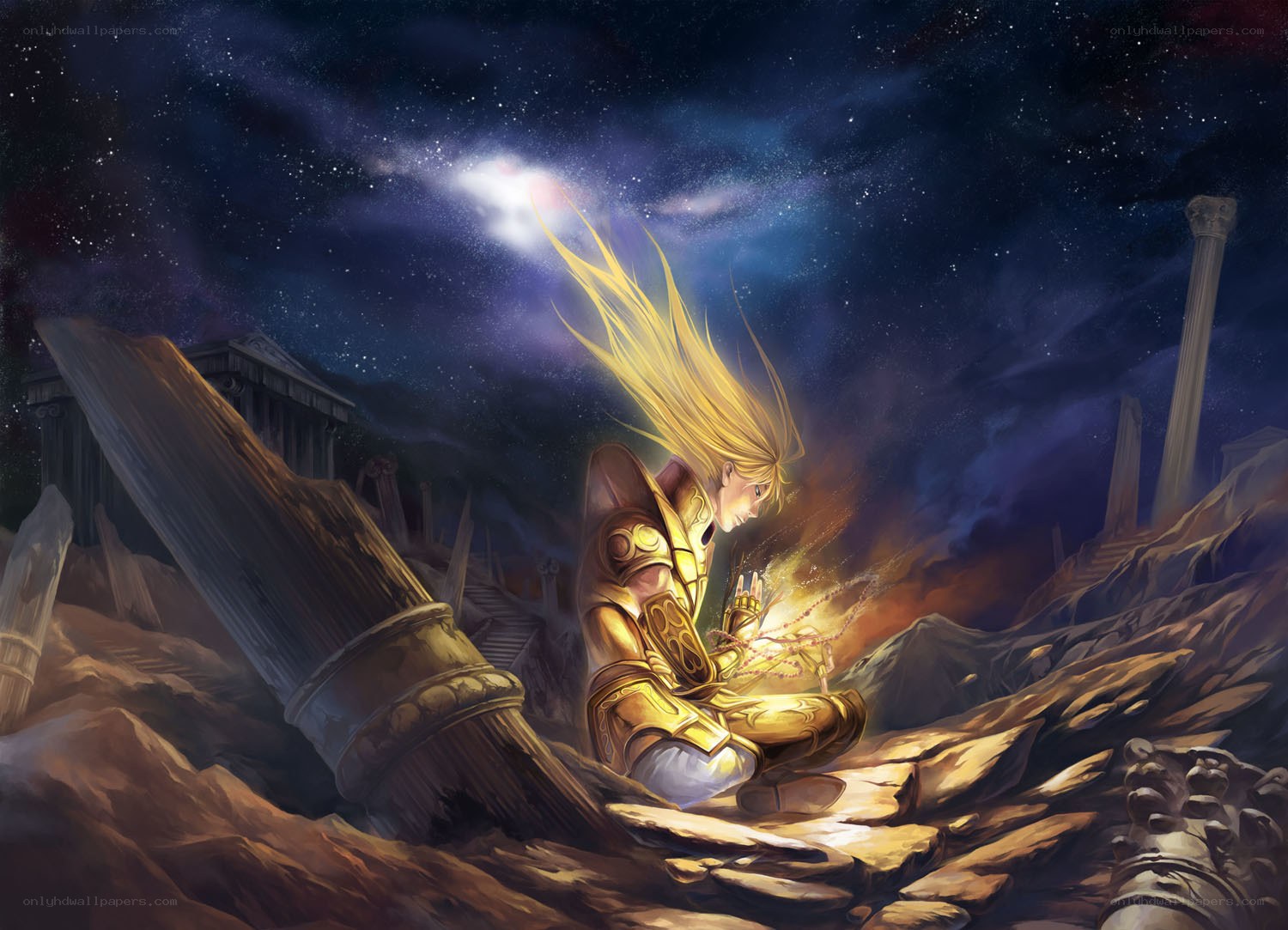 golden knight in ruins