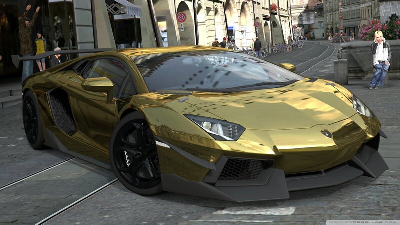 Golden Lamborghini in city street
