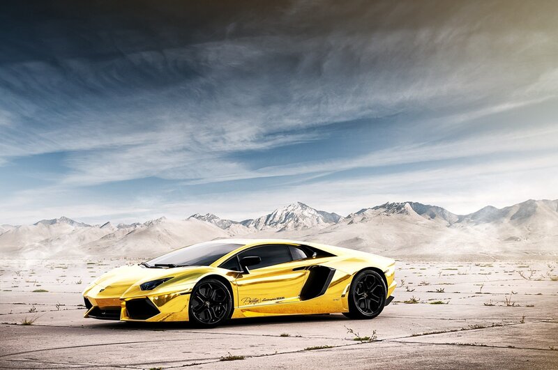 Golden Lamborghini in desert