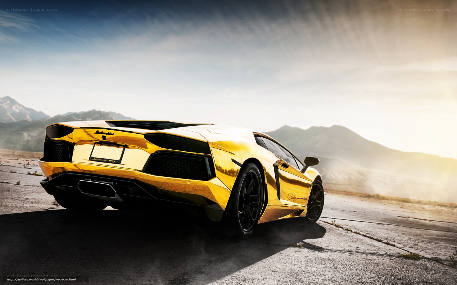 Golden Lamborghini on desert road