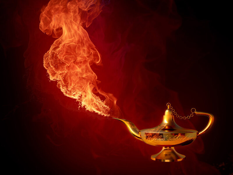 golden lamp with fire