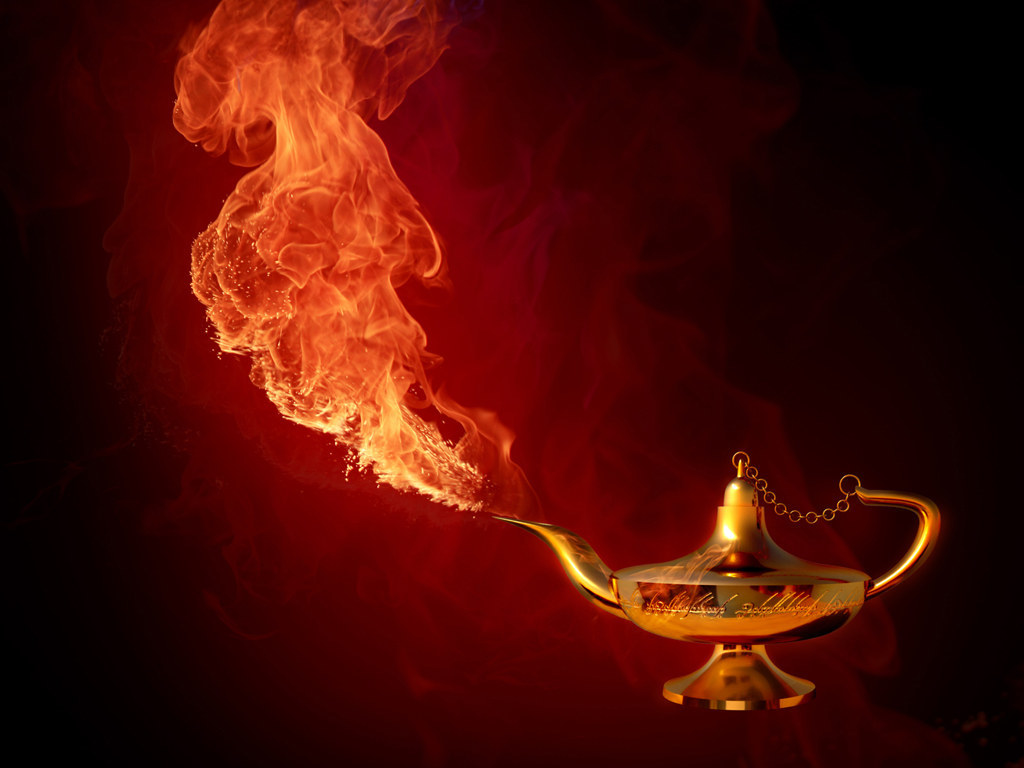 golden lamp with fire