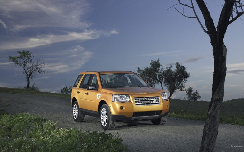 Golden Land Rover on a gravel road
