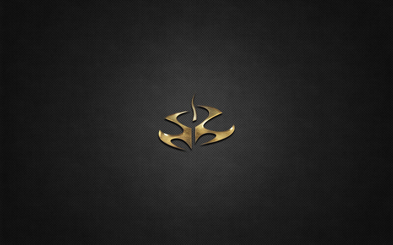 golden logo on dark background