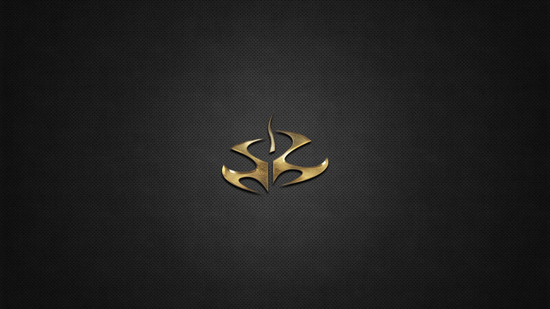 golden logo on dark textured background