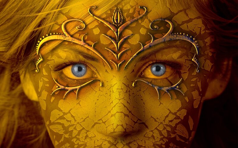 golden mask with blue eyes