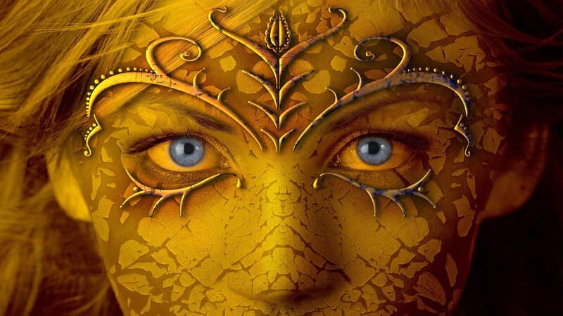 golden mask with blue eyes