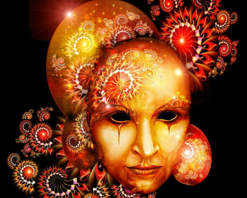 Golden Mask with Fractal Patterns — Gold, Dramatic