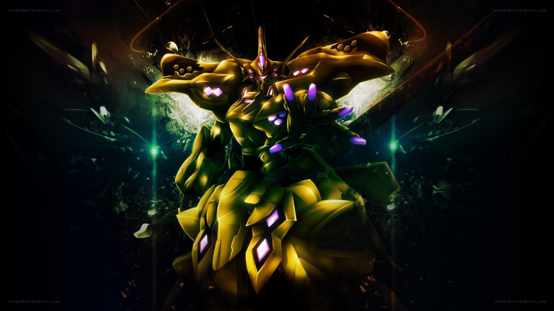 golden mecha in dark environment