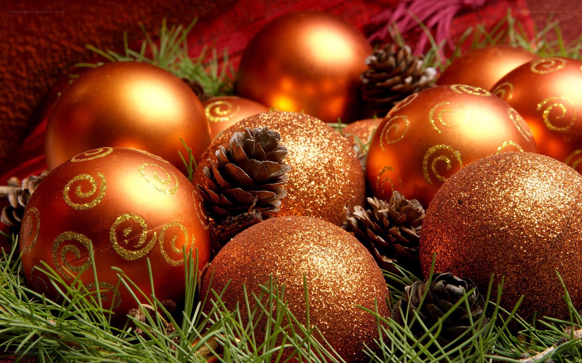 golden ornaments and pinecones