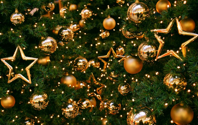 golden ornaments on a christmas tree