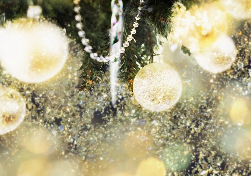 Golden ornaments on a Christmas tree