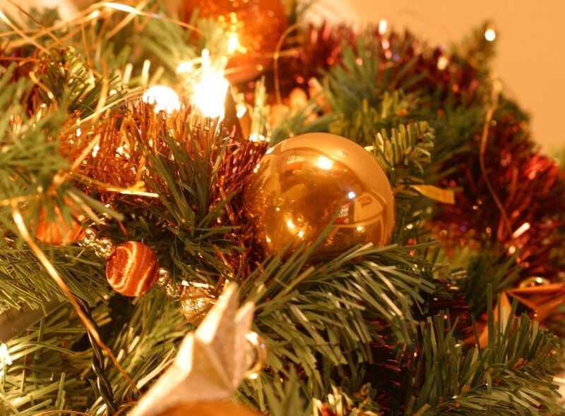 Golden ornaments on a Christmas tree