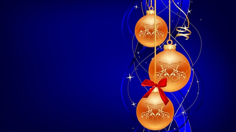 Golden Ornaments on Blue — Festive, Digital Art, Ribbon, Stars