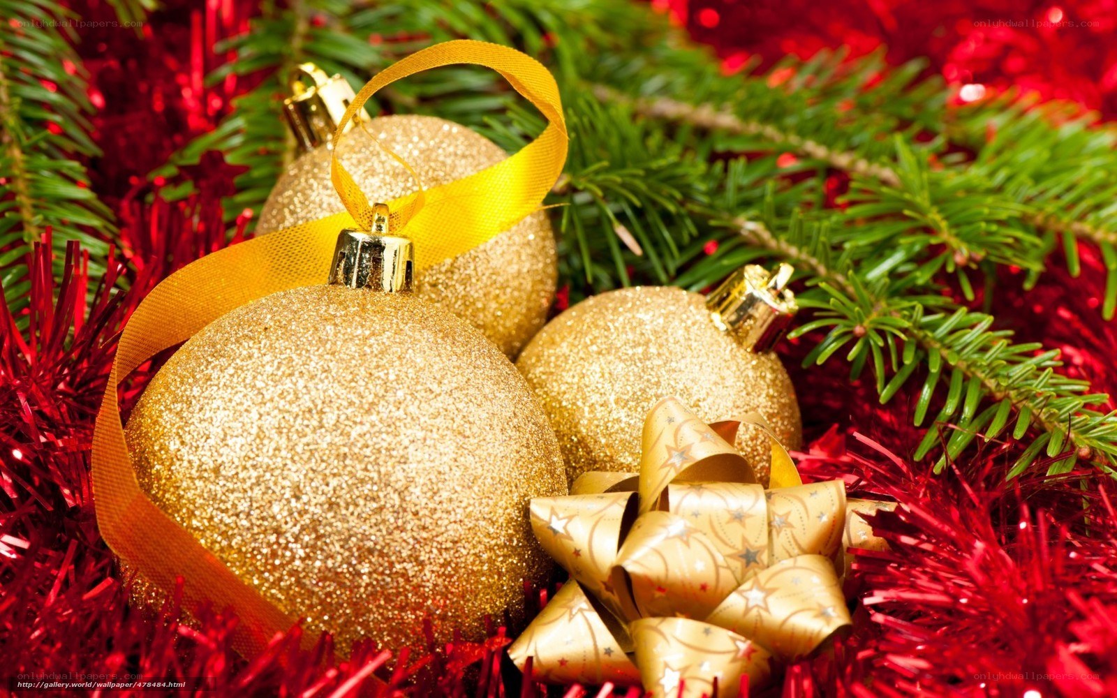 Golden ornaments on Christmas tree